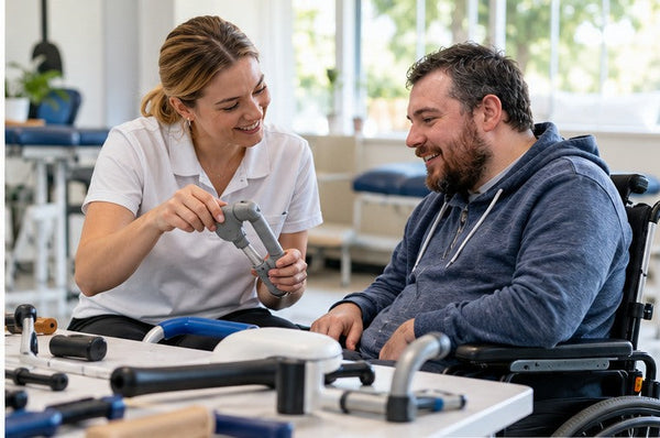 Occupational therapist exploring an assistive device with a wheelchair user