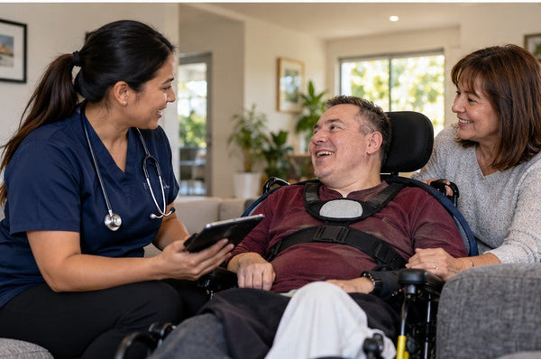 Registered nurse reviewing disability-related care with participant and family