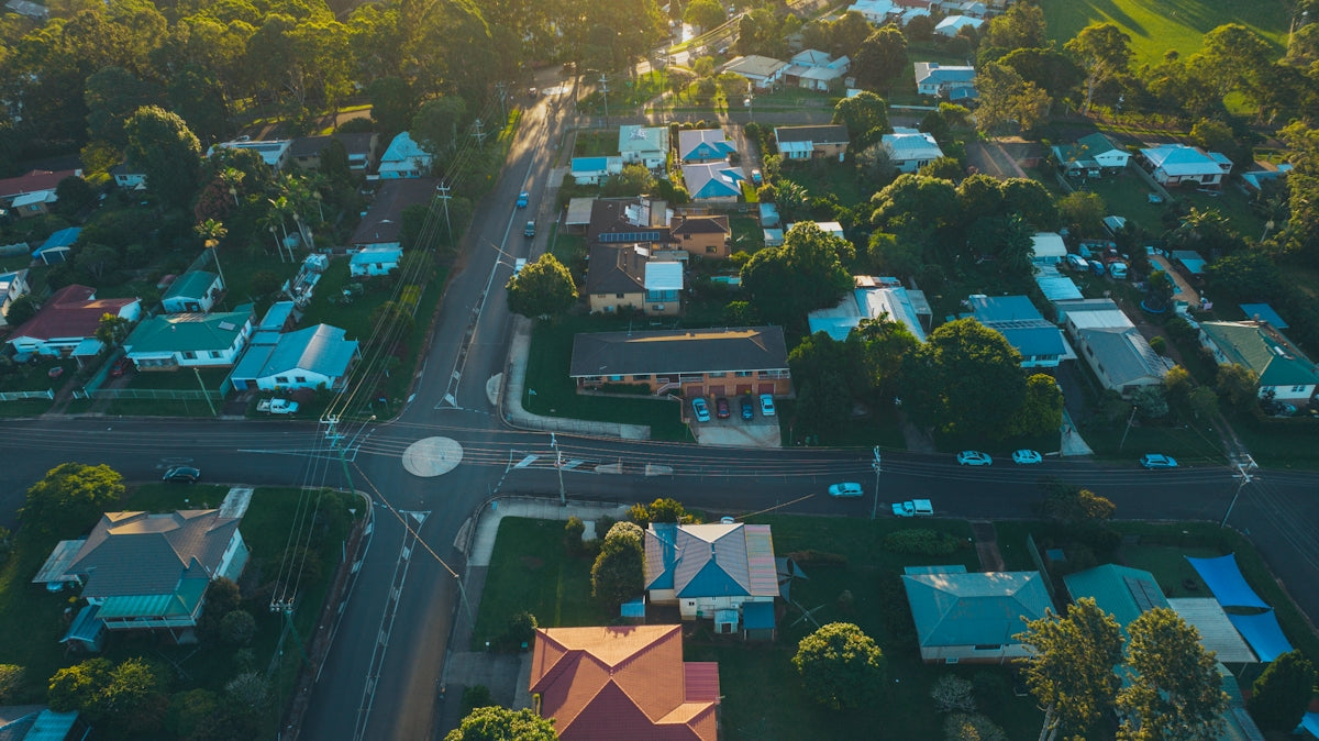 an aerial view of a residential area with houses
