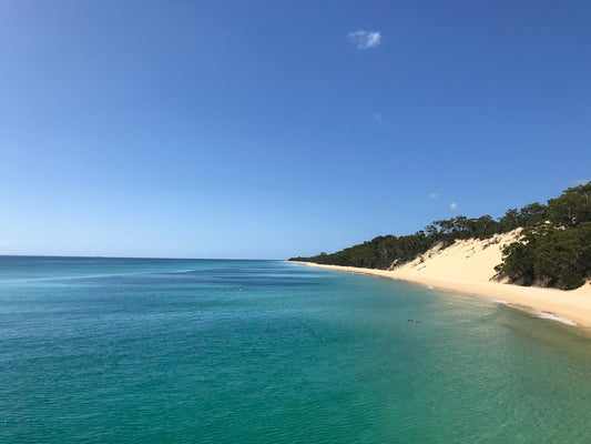 a view of a sandy beach with clear blue water