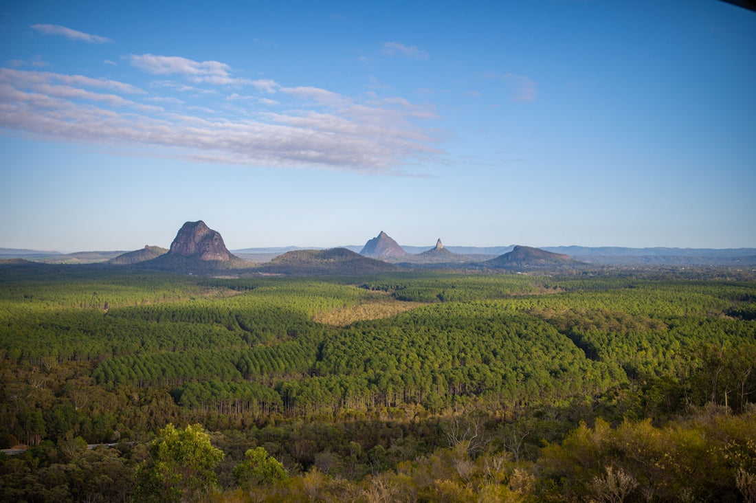 a scenic view of a valley with mountains in the background