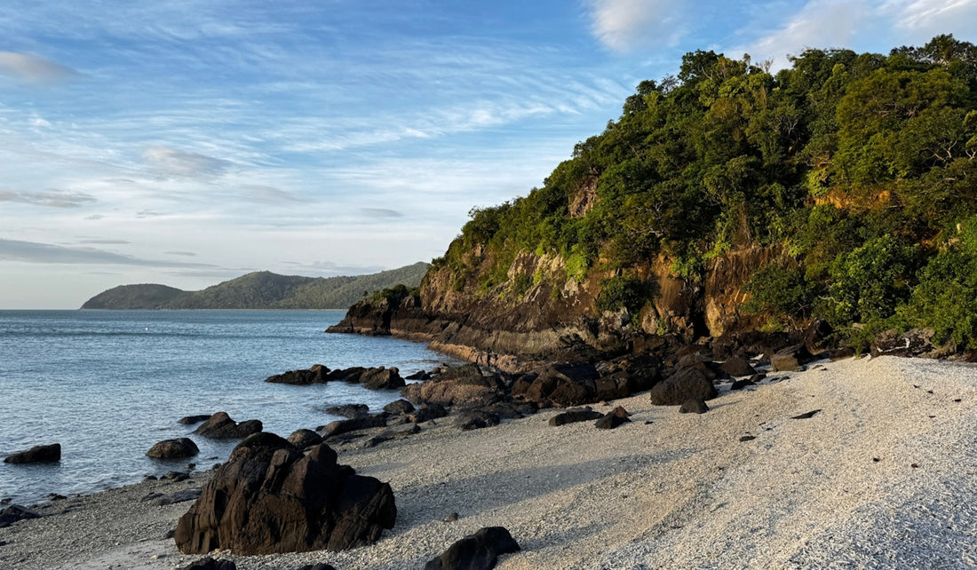 a sandy beach next to the ocean under a blue sky