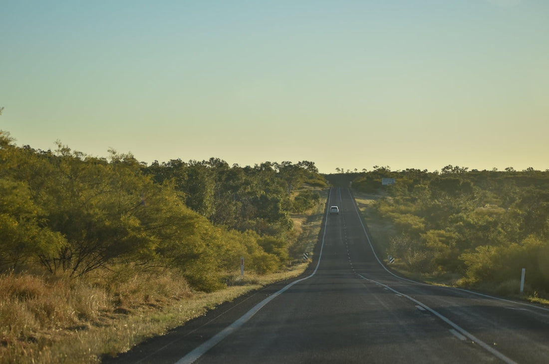 An empty road in the middle of a field