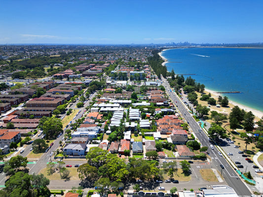 An aerial view of a city by the ocean