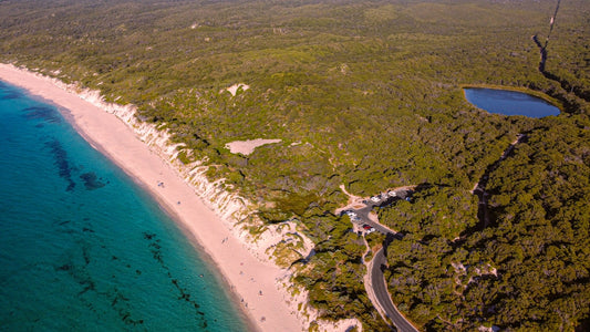 An aerial view of a beach and ocean