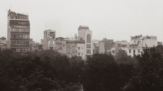 City skyline with buildings and trees.