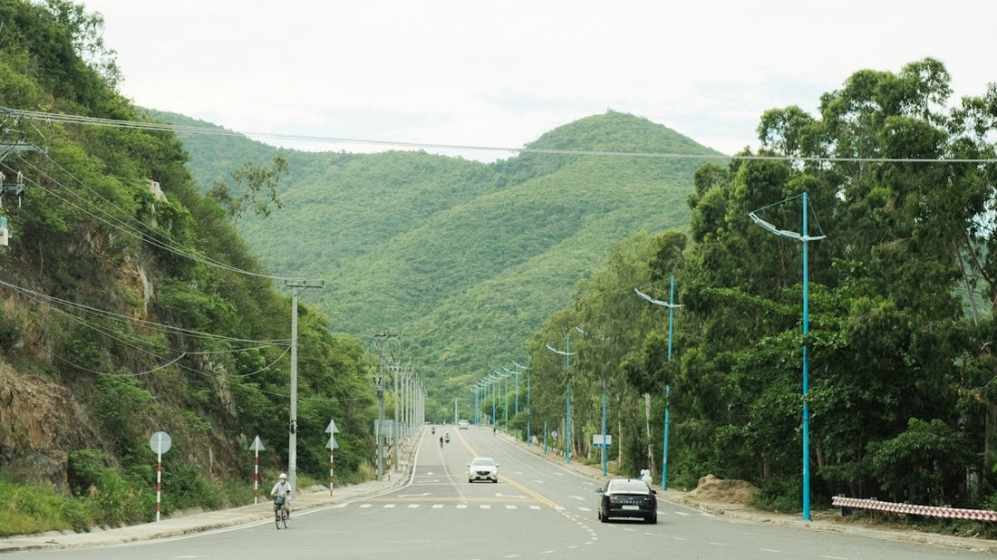A road winding through lush, green mountains.