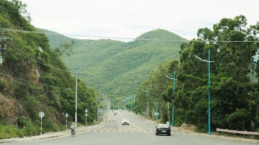 A road winding through lush, green mountains.