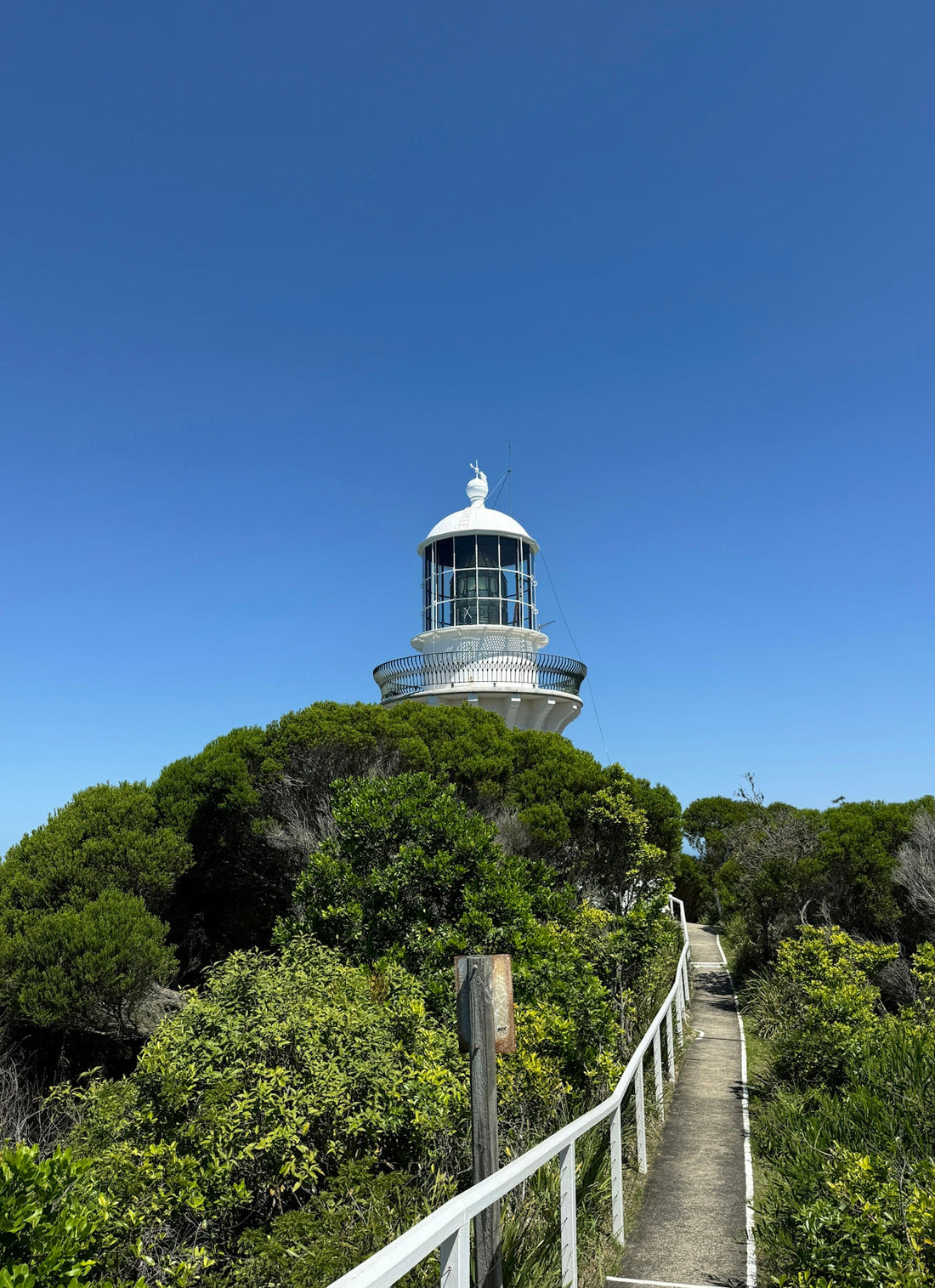 A lighthouse stands upon a green hill.