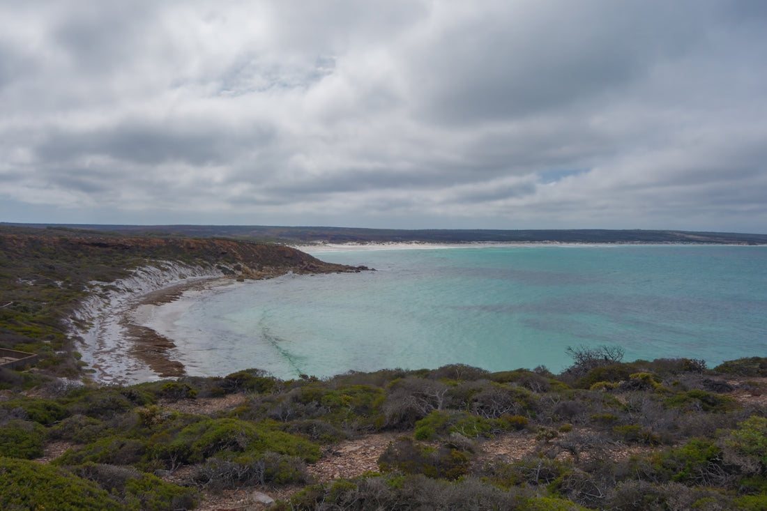 Scenic turquoise bay with rocky shore and green bushes.