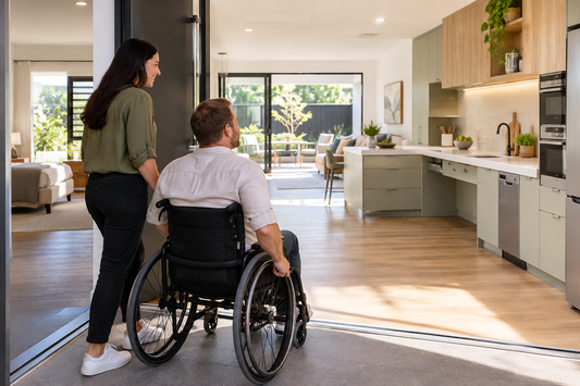 Person with disability viewing an accessible specialist home with a support person