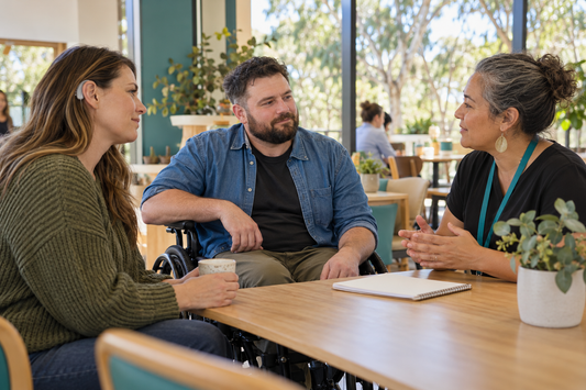 Illustrative scene of adults discussing disability support with a community navigator.
