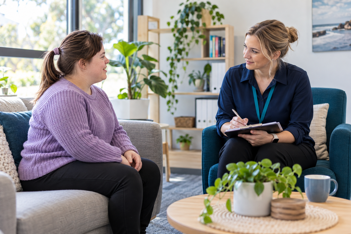 Support worker listening to a participant and recording a concern