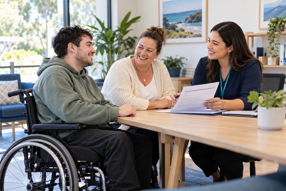 Participant, family member and intake professional discussing a referral
