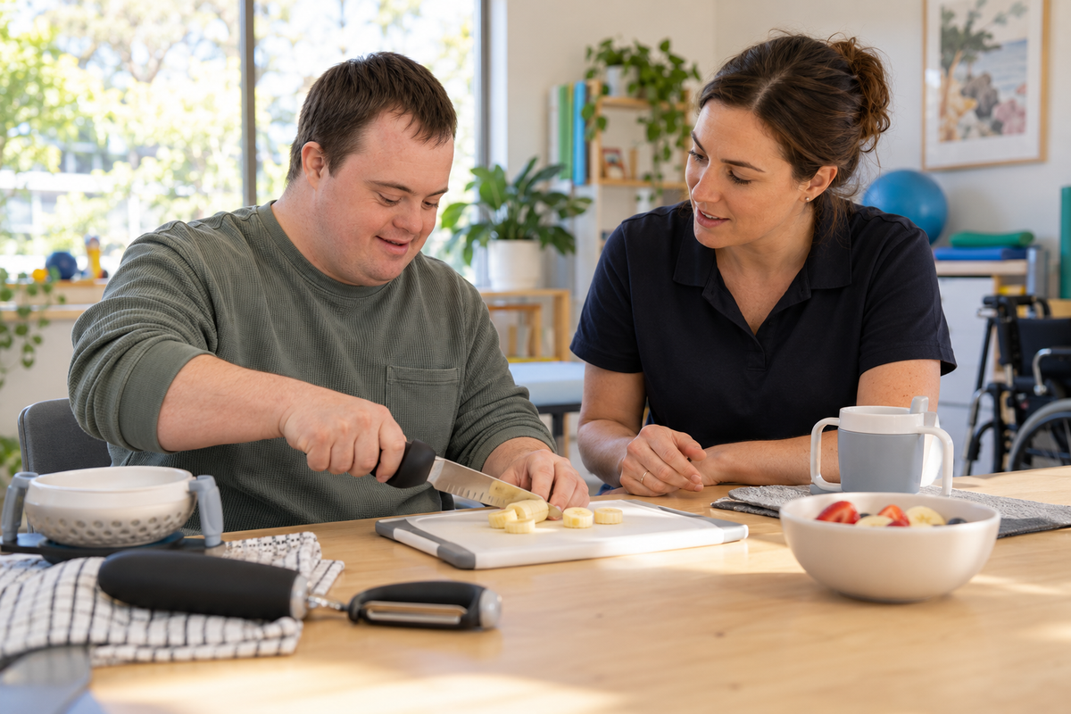 NDIS participant practising a daily living task with a therapist